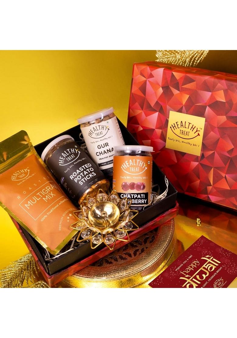 Healthy Treat Diwali Glow Gift Hamper | Roasted Snacks Box with Crystal Diya and Greeting Card Diwali-Gift Hampers Sweet Savory Wholesome Corporate Gifting Deepawali for