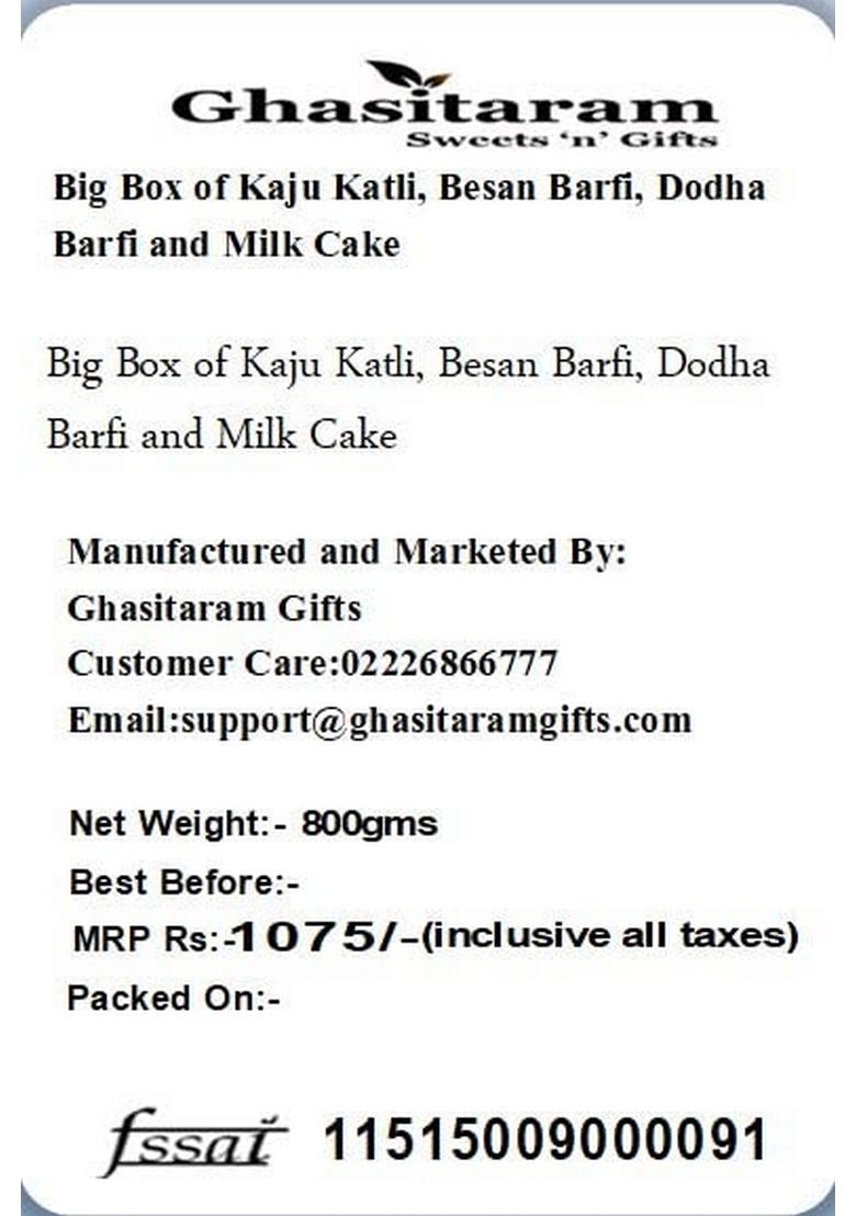 Ghasitaram Gifts Big Box of Kaju Katli, Besan Barfi, Dodha Barfi and Milk Cake|Sweet Gift Pack|Diwali Sweet|Indian Mithai|Diwali Sweets Box|