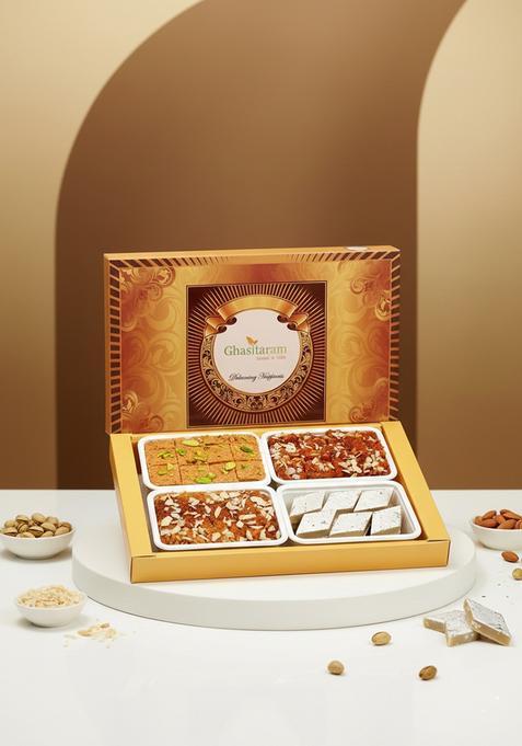 Ghasitaram Gifts Big Box of Kaju Katli, Besan Barfi, Dodha Barfi and Milk Cake|Sweet Gift Pack|Diwali Sweet|Indian Mithai|Diwali Sweets Box|