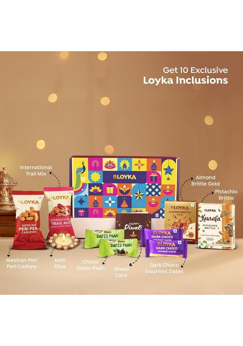 LOYKA Aura Dryfruit Diwali Chocolate Gift Box 10 Inclusions Almond Brittle Gold, Kunafa Brittle, Trail Mix, Peri Cashews, Paan Dates, Choco Dates & Moti Diya Dry Fruit Hamper