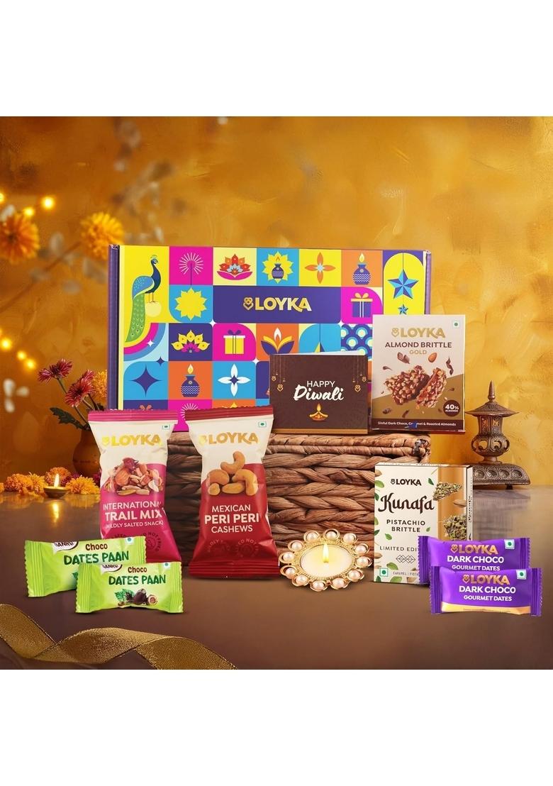 LOYKA Aura Dryfruit Diwali Chocolate Gift Box 10 Inclusions Almond Brittle Gold, Kunafa Brittle, Trail Mix, Peri Cashews, Paan Dates, Choco Dates & Moti Diya Dry Fruit Hamper