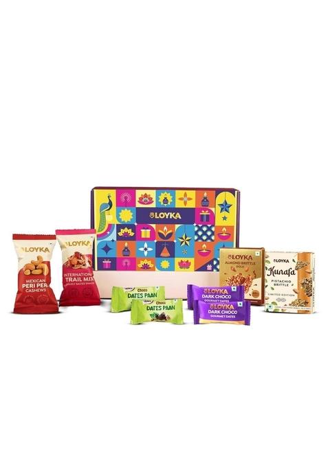 LOYKA Aura Dryfruit Diwali Chocolate Gift Box 10 Inclusions Almond Brittle Gold, Kunafa Brittle, Trail Mix, Peri Cashews, Paan Dates, Choco Dates & Moti Diya Dry Fruit Hamper