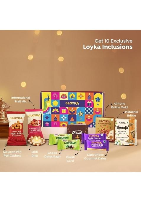 LOYKA Aura Dryfruit Diwali Chocolate Gift Box 10 Inclusions Almond Brittle Gold, Kunafa Brittle, Trail Mix, Peri Cashews, Paan Dates, Choco Dates & Moti Diya Dry Fruit Hamper