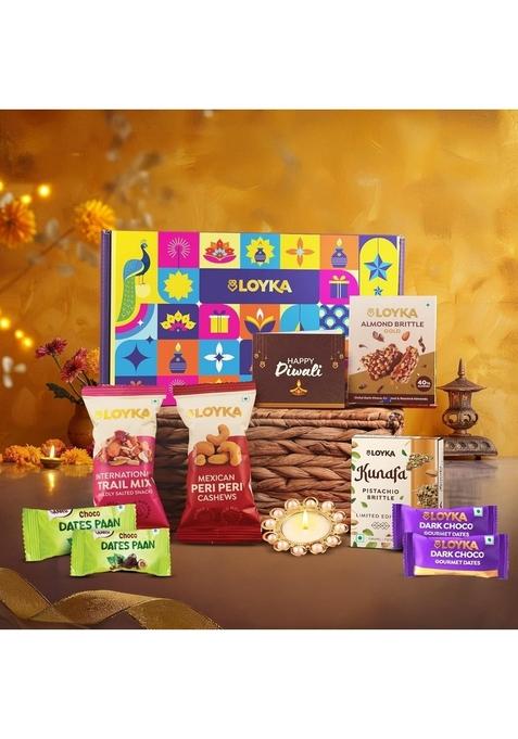 LOYKA Aura Dryfruit Diwali Chocolate Gift Box 10 Inclusions Almond Brittle Gold, Kunafa Brittle, Trail Mix, Peri Cashews, Paan Dates, Choco Dates & Moti Diya Dry Fruit Hamper