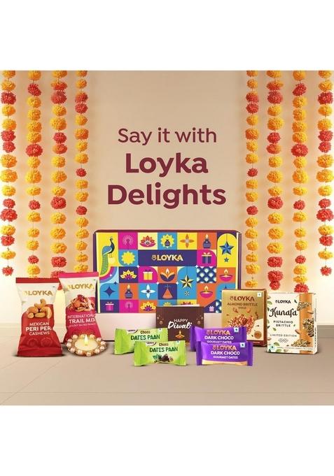 LOYKA Aura Dryfruit Diwali Chocolate Gift Box 10 Inclusions Almond Brittle Gold, Kunafa Brittle, Trail Mix, Peri Cashews, Paan Dates, Choco Dates & Moti Diya Dry Fruit Hamper