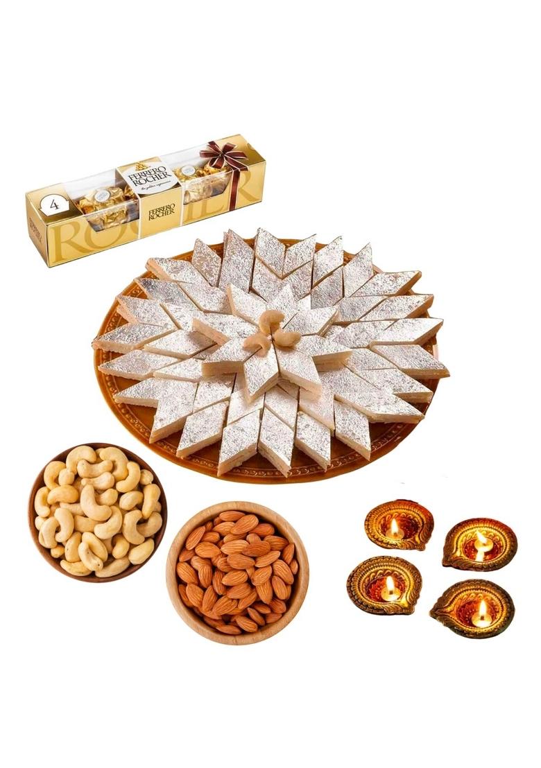 BIGWISHBOX | Diwali Gift Hamper Kaju Katli Sweet Box 1 KG Cashews 250g Almonds Pack of 4 Diya pieces Rochers