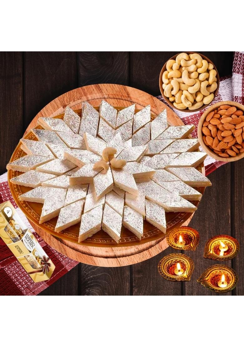 BIGWISHBOX | Diwali Gift Hamper Kaju Katli Sweet Box 1 KG Cashews 250g Almonds Pack of 4 Diya pieces Rochers