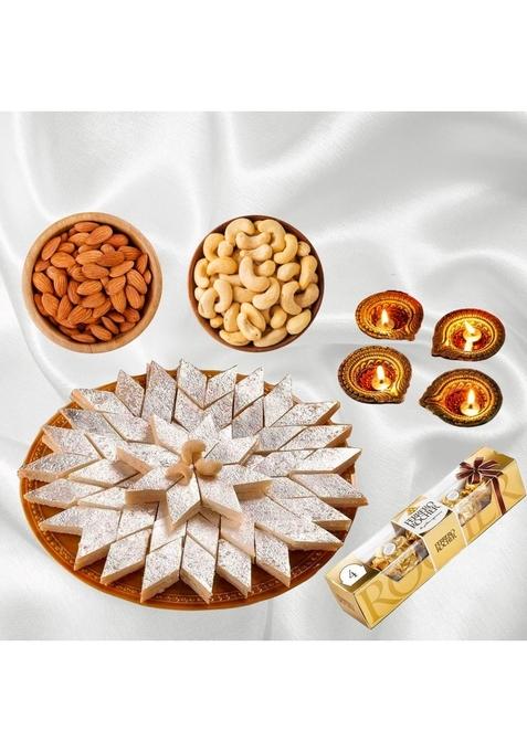 BIGWISHBOX | Diwali Gift Hamper Kaju Katli Sweet Box 1 KG Cashews 250g Almonds Pack of 4 Diya pieces Rochers