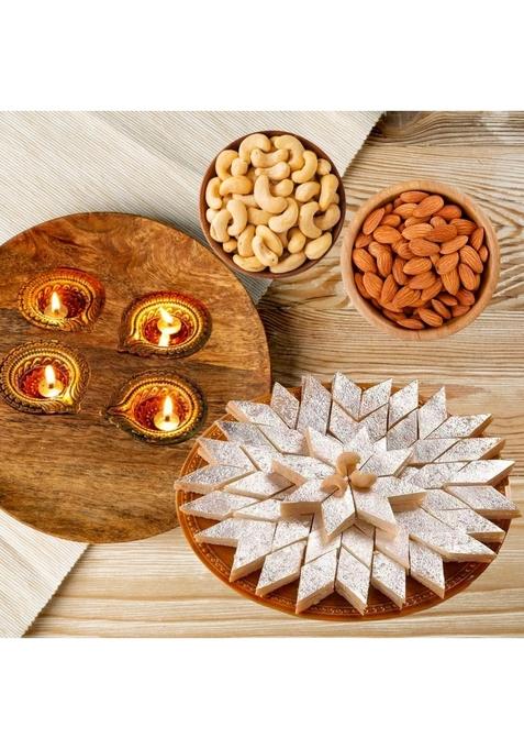 BIGWISHBOX | Diwali Gift Hamper Kaju Katli Sweet Box 1 KG Cashews 250g Almonds Pack of 4 Diya pieces Rochers