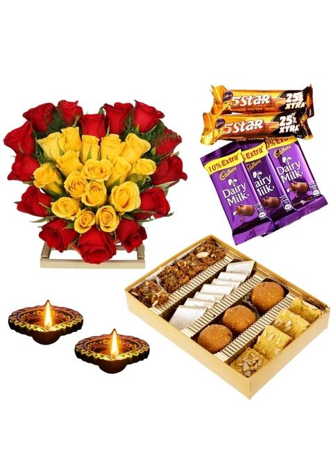 BIGWISHBOX | Diwali Gifts Fresh Flowers Bouquet Heartshape Mithai Mix Sweet Box 500g Chocolates Bars Assorted 05 Diyas 02 Next Day Delivery