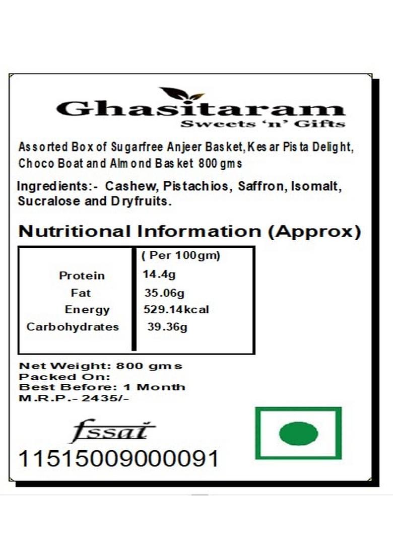Ghasitaram Gifts Express Delivery Assorted Box of Sugarfree Anjeer Basket,Kesar Pista Delight,Choco Boat,Almond Basket 800G|Sweets|Diwali Sweets|Indian Mithai|Diwali Sweets Gift Box|Sugarfree Sweet|