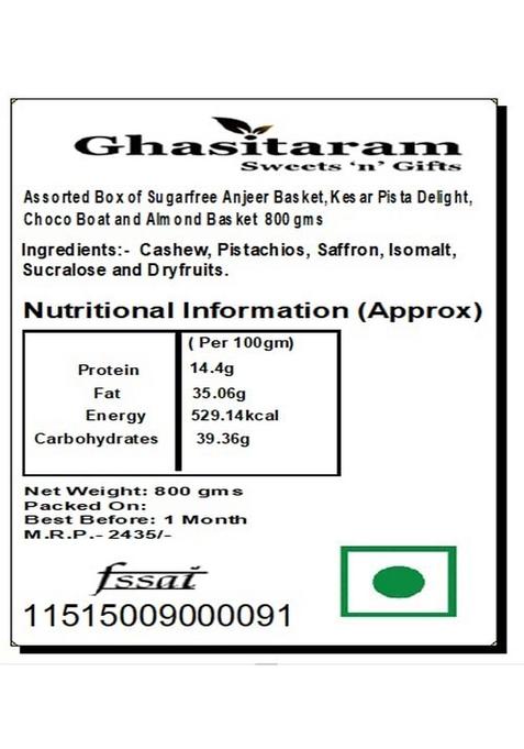 Ghasitaram Gifts Express Delivery Assorted Box of Sugarfree Anjeer Basket,Kesar Pista Delight,Choco Boat,Almond Basket 800G|Sweets|Diwali Sweets|Indian Mithai|Diwali Sweets Gift Box|Sugarfree Sweet|