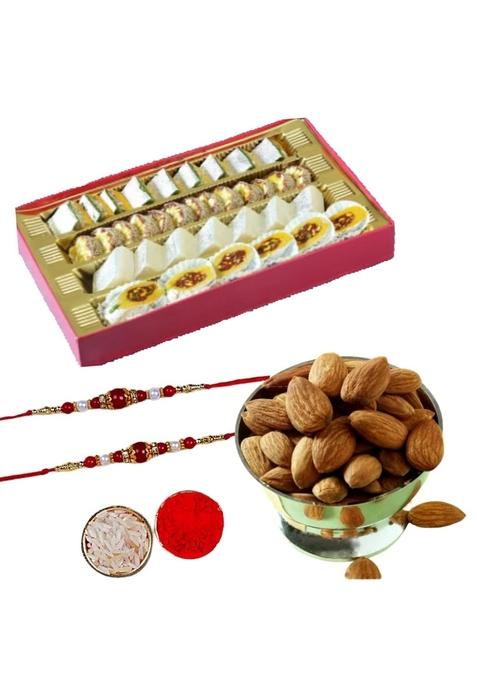 BIGWISHBOX Rakhi Gifts | Assorted Sweets Mithai Box 1Kg Almonds 250g 02 Beads With Roli Chawal Tilak Next Day Delivery