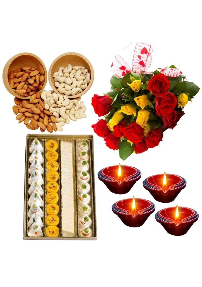 BIGWISHBOX | Diwali Gifts 10 Red Roses Bouquet Mithai Mix Sweet Box 1Kg Pack of Almonds 200g Cashew Diyas 04 Nextday Delivery