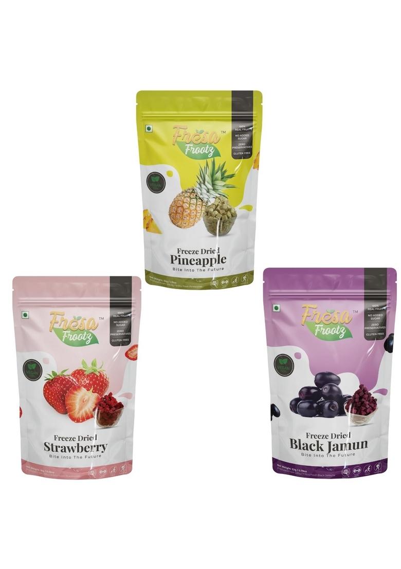 Fresa Frootz Freeze Dried Exotic Dip it Fruit Box Black jamun,Strawberry and Pineapple Combo, Crunchy, Sweet, Nutritious Snack Light, Flavorful, Healthy combo For Adults kids (Pack of 3)
