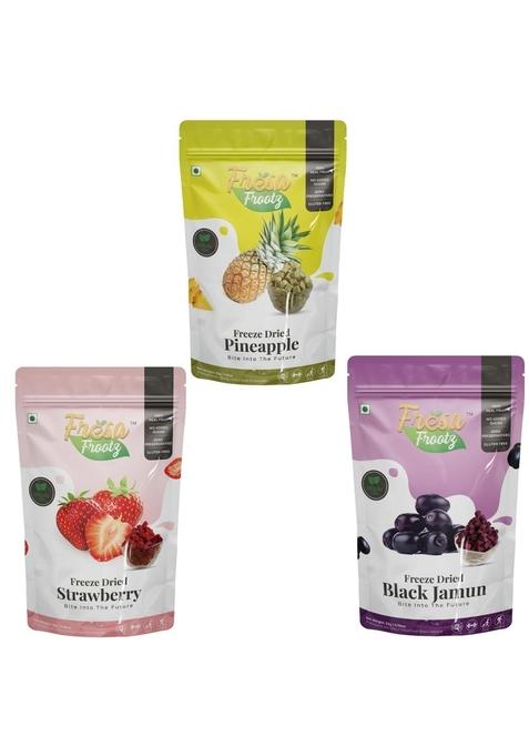 Fresa Frootz Freeze Dried Exotic Dip it Fruit Box Black jamun,Strawberry and Pineapple Combo, Crunchy, Sweet, Nutritious Snack Light, Flavorful, Healthy combo For Adults kids (Pack of 3)