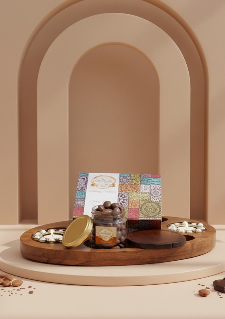 Ghasitaram Gifts Express Delivery Chip n Dip Wooden Tray with T-Lites,Coasters,Choco Almonds Jar & Assorted Bites Box|Sweets|Sweets Gift Pack|Diwali Sweets|Indian Mithai|Diwali Sweets Box