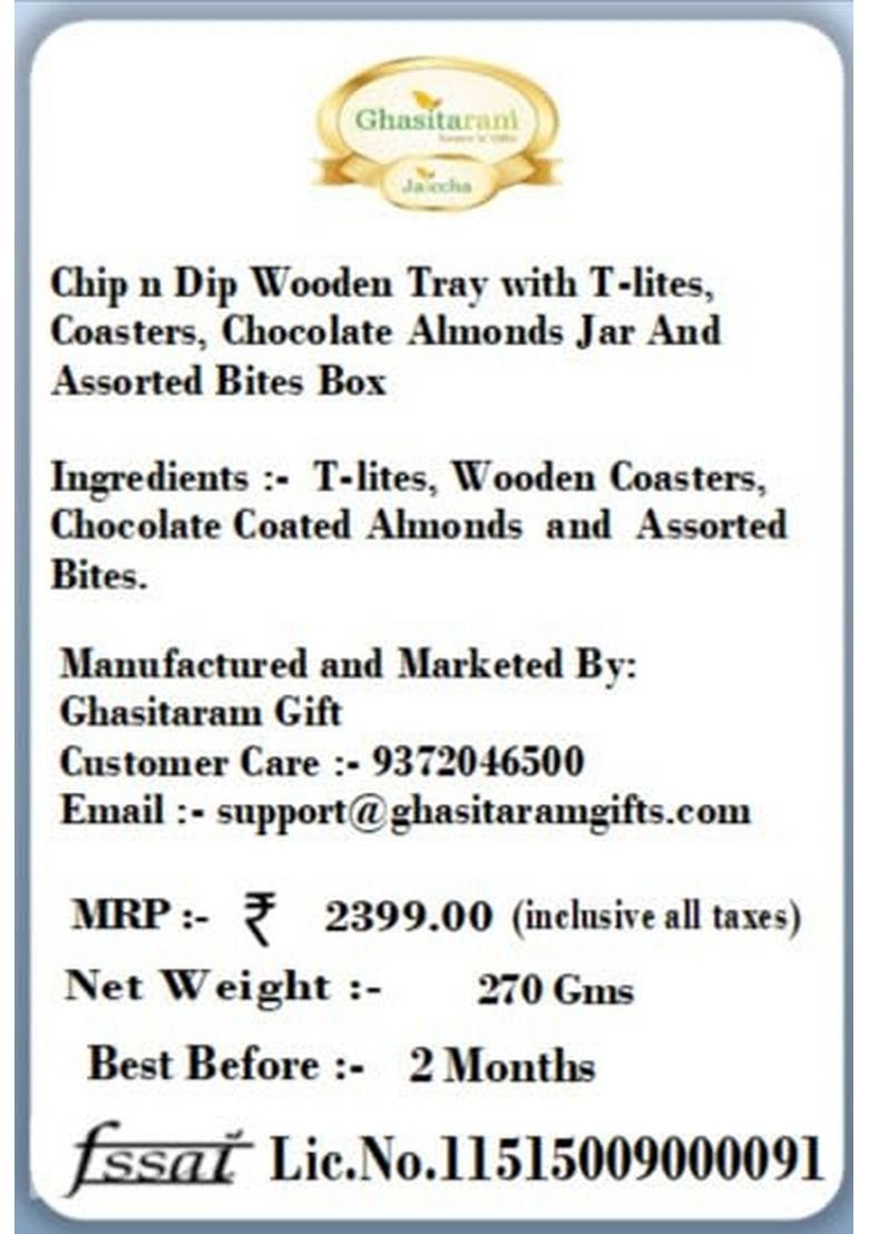 Ghasitaram Gifts Express Delivery Chip n Dip Wooden Tray with T-Lites,Coasters,Choco Almonds Jar & Assorted Bites Box|Sweets|Sweets Gift Pack|Diwali Sweets|Indian Mithai|Diwali Sweets Box