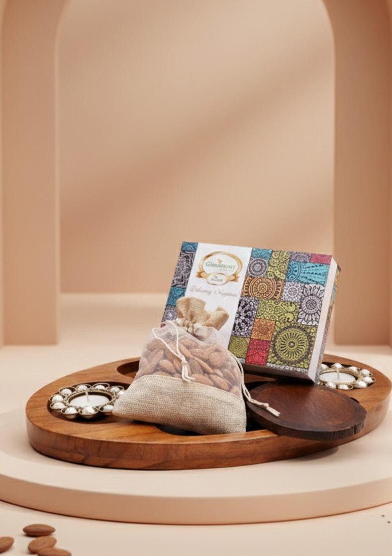 Ghasitaram Gifts Express Delivery Chip n Dip Wooden Tray with T-Lites,Coasters,Almonds,Assorted Bites Box|Sweets|Sweets Gift Pack|Diwali Sweets|Indian Mithai|Diwali Sweets Box