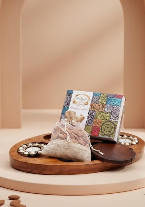 Ghasitaram Gifts Express Delivery Chip n Dip Wooden Tray with T-Lites,Coasters,Almonds,Assorted Bites Box|Sweets|Sweets Gift Pack|Diwali Sweets|Indian Mithai|Diwali Sweets Box
