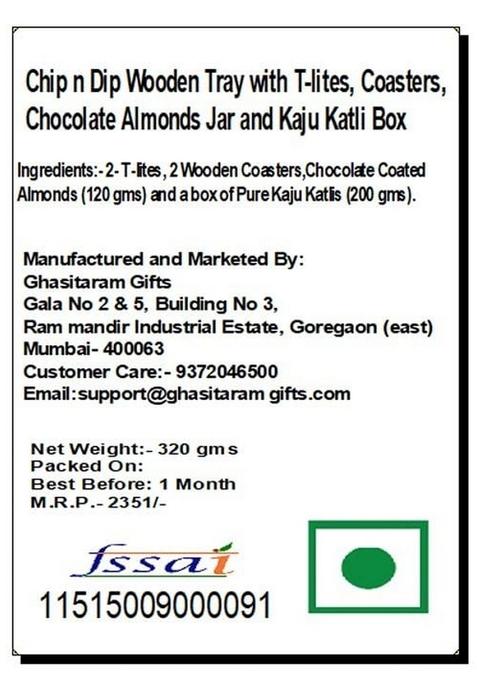 Ghasitaram Gifts Express Delivery Chip n Dip Wooden Tray with T-Lites,Coasters,Almonds,Assorted Bites Box|Sweets|Sweets Gift Pack|Diwali Sweets|Indian Mithai|Diwali Sweets Box