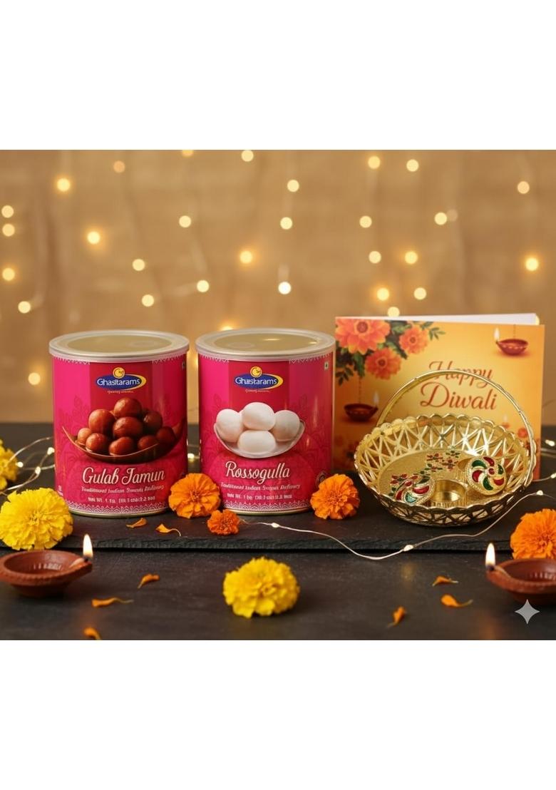 Ghasitaram's Diwali Gift Hamper, Rossogulla and Gulab Jamun Sweet Box, 500g, with Card Pujathali