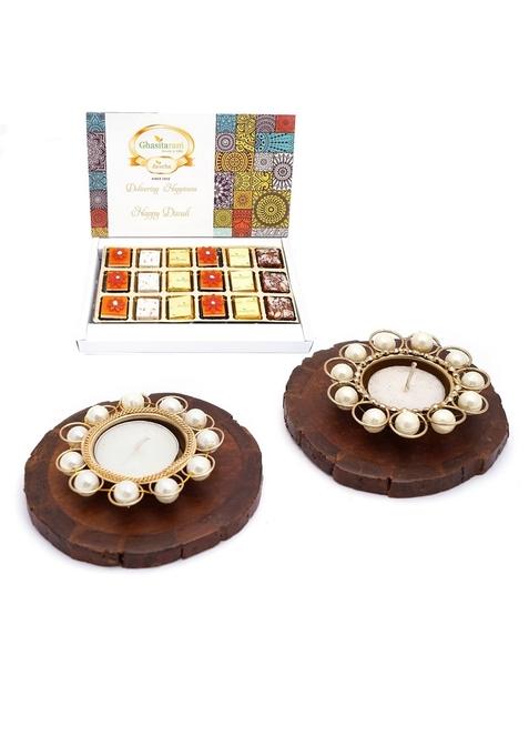 Ghasitaram Gifts Express Delivery Diwali Coasters & T-Lites with Happy Assorted Bites Box 18 Pcs|Sweets|Sweets Gift Pack|Diwali Sweets|Indian Mithai|Diwali Sweets