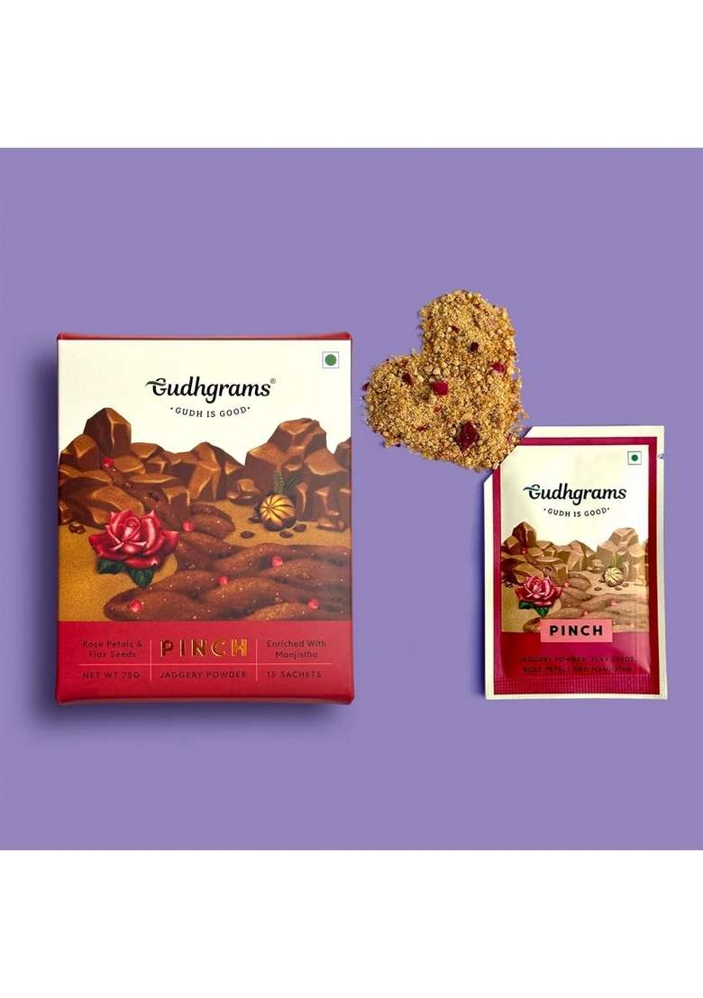 Gudhgrams - Jaggery (Gudh) Mukhwas | Rose Flaxseeds Box of 15 Sachets After Meal Sweet Sugar-Free Digestive Mouth Freshener, 100% Natural Desi Pushkar Gulab, Alsi NO ADDED FLAVOUR/PRESERVATIVE - Indya