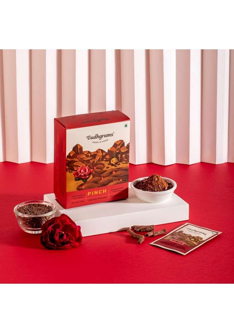 Gudhgrams - Jaggery (Gudh) Mukhwas | Rose Flaxseeds Box of 15 Sachets After Meal Sweet Sugar-Free Digestive Mouth Freshener, 100% Natural Desi Pushkar Gulab, Alsi NO ADDED FLAVOUR/PRESERVATIVE - Indya