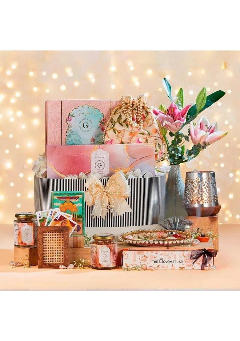 THE GIFT STUDIO.COM Festive All Nighter Hamper | Chocolates, Dry Fruits, Gourmet Jars, Playing Cards, Candle Holder & Pooja Thali Premium Celebration Box