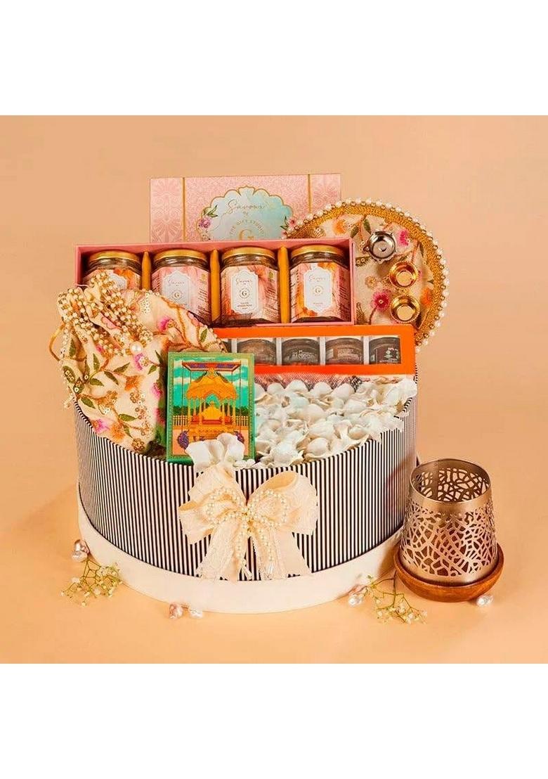THE GIFT STUDIO.COM Festive All Nighter Hamper | Chocolates, Dry Fruits, Gourmet Jars, Playing Cards, Candle Holder & Pooja Thali Premium Celebration Box