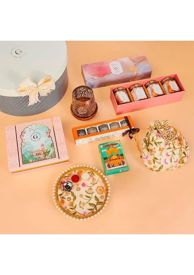 THE GIFT STUDIO.COM Festive All Nighter Hamper | Chocolates, Dry Fruits, Gourmet Jars, Playing Cards, Candle Holder & Pooja Thali Premium Celebration Box