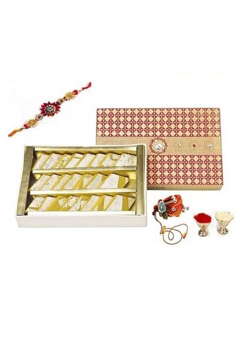 GHASITARAM'S Kesari Kaju Katlis Mithai Diwali Sweets Gift Box with Diya and Silver Plated Coin, 400 gm