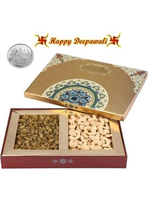 Ghasitaram Halwai Diwali Special Cashewnuts & Raisin Combo Sweets Gift Box Free Silver Plated Coin, (300gms)