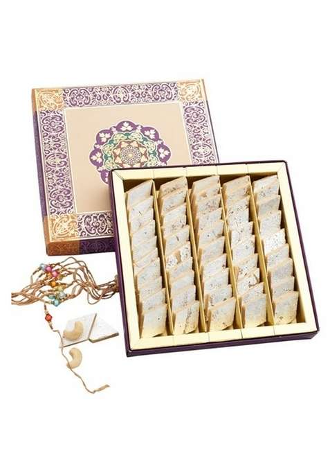 GHASITARAM'S Diwali Special Pure Kaju Katli Sweets Gift Box with Diya & Silver Plated Coin, 400 gm