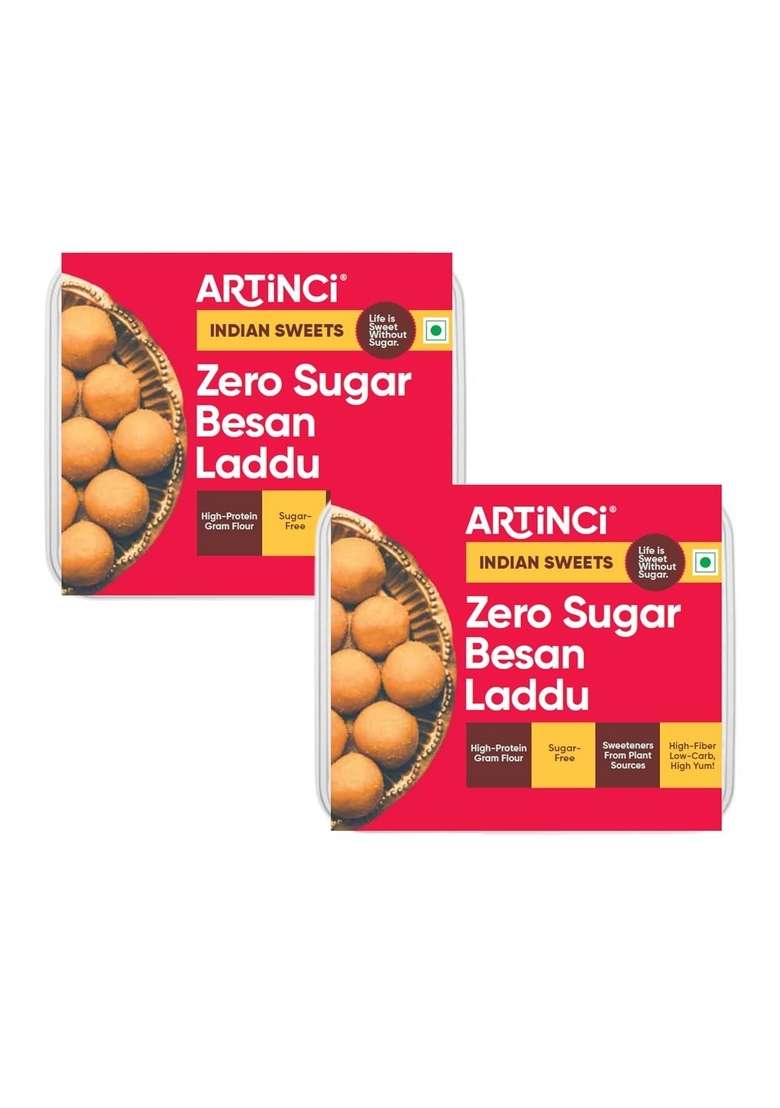 Artinci Sugar Free Besan Ladoo, No Added Sugar, Maida, Made with Pure Desi Ghee, Diabetic Friendly Laddoo, Healthy Indian Sweet Low GI Mithai, 10% Protein per serving (190 gms) (Pack of 2) - Indya