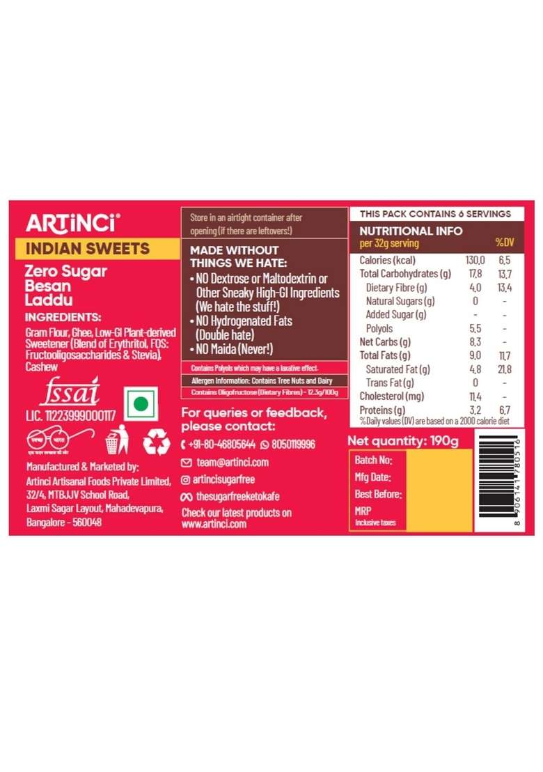Artinci Sugar Free Besan Ladoo, No Added Sugar, Maida, Made with Pure Desi Ghee, Diabetic Friendly Laddoo, Healthy Indian Sweet Low GI Mithai, 10% Protein per serving (190 gms) (Pack of 2) - Indya