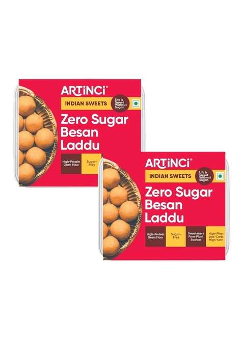 Artinci Sugar Free Besan Ladoo, No Added Sugar, Maida, Made with Pure Desi Ghee, Diabetic Friendly Laddoo, Healthy Indian Sweet Low GI Mithai, 10% Protein per serving (190 gms) (Pack of 2)