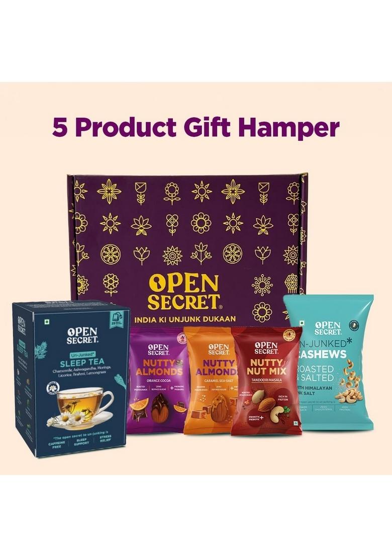 Open Secret Premium Gift Hamper |Combo of 5| Herbal Tea, Salted Cashews, Tandoori Mix Nuts, Caramel Sea Salt & Orange Cocoa Almonds | Dry Fruit Box, Chocolate Gifts, Fruits, Healthy Hamper, Gifts for colleagues, Employee Gifting
