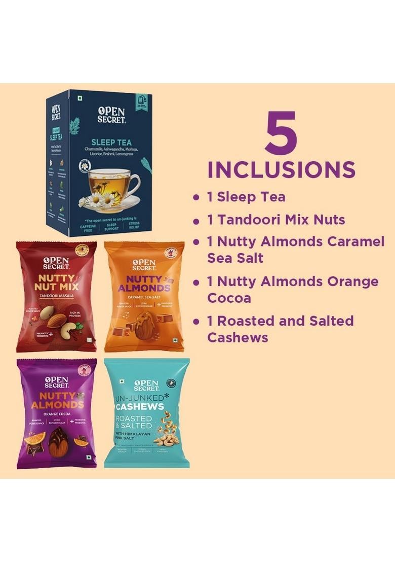 Open Secret Premium Gift Hamper |Combo of 5| Herbal Tea, Salted Cashews, Tandoori Mix Nuts, Caramel Sea Salt & Orange Cocoa Almonds | Dry Fruit Box, Chocolate Gifts, Fruits, Healthy Hamper, Gifts for colleagues, Employee Gifting