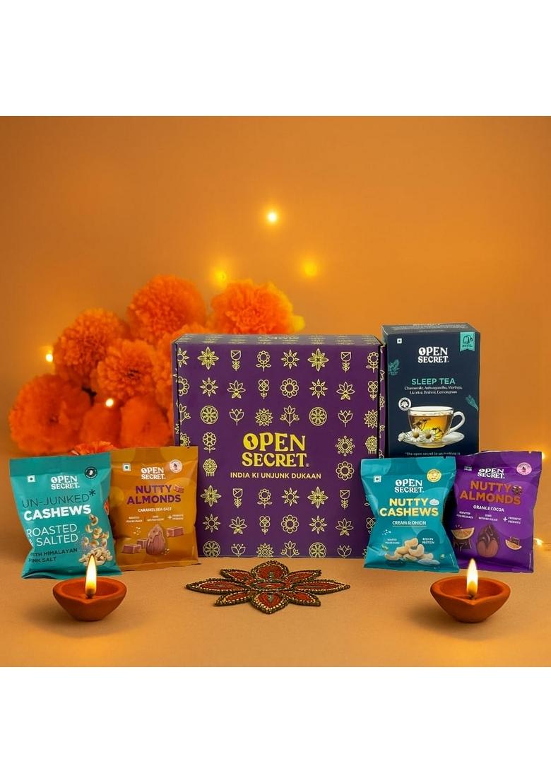 Open Secret Premium Gift Hamper |Combo of 5| Herbal Tea, Salted Cashews, Tandoori Mix Nuts, Caramel Sea Salt & Orange Cocoa Almonds | Dry Fruit Box, Chocolate Gifts, Fruits, Healthy Hamper, Gifts for colleagues, Employee Gifting