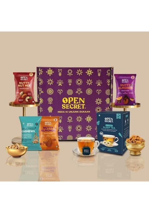 Open Secret Premium Gift Hamper |Combo of 5| Herbal Tea, Salted Cashews, Tandoori Mix Nuts, Caramel Sea Salt & Orange Cocoa Almonds | Dry Fruit Box, Chocolate Gifts, Fruits, Healthy Hamper, Gifts for colleagues, Employee Gifting