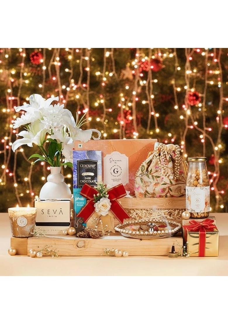 THE GIFT STUDIO.COM Celebration Hamper | Assorted Chocolate Box, Aqua Candle, Party Mix, Incense Cones, Phab Bar, Pooja Thali & Gifting Potli Premium Festive Box