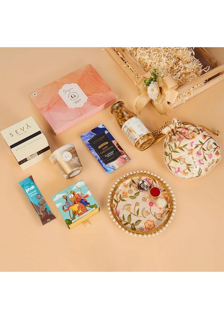 THE GIFT STUDIO.COM Celebration Hamper | Assorted Chocolate Box, Aqua Candle, Party Mix, Incense Cones, Phab Bar, Pooja Thali & Gifting Potli Premium Festive Box