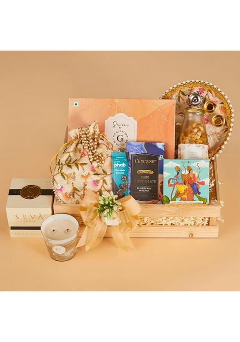 THE GIFT STUDIO.COM Celebration Hamper | Assorted Chocolate Box, Aqua Candle, Party Mix, Incense Cones, Phab Bar, Pooja Thali & Gifting Potli Premium Festive Box