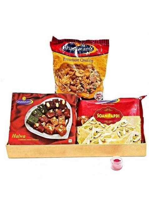 GHASITARAM'S Sweet Hamper for Diwali Bhaidooj with Tikka and Chawal, 650 gm