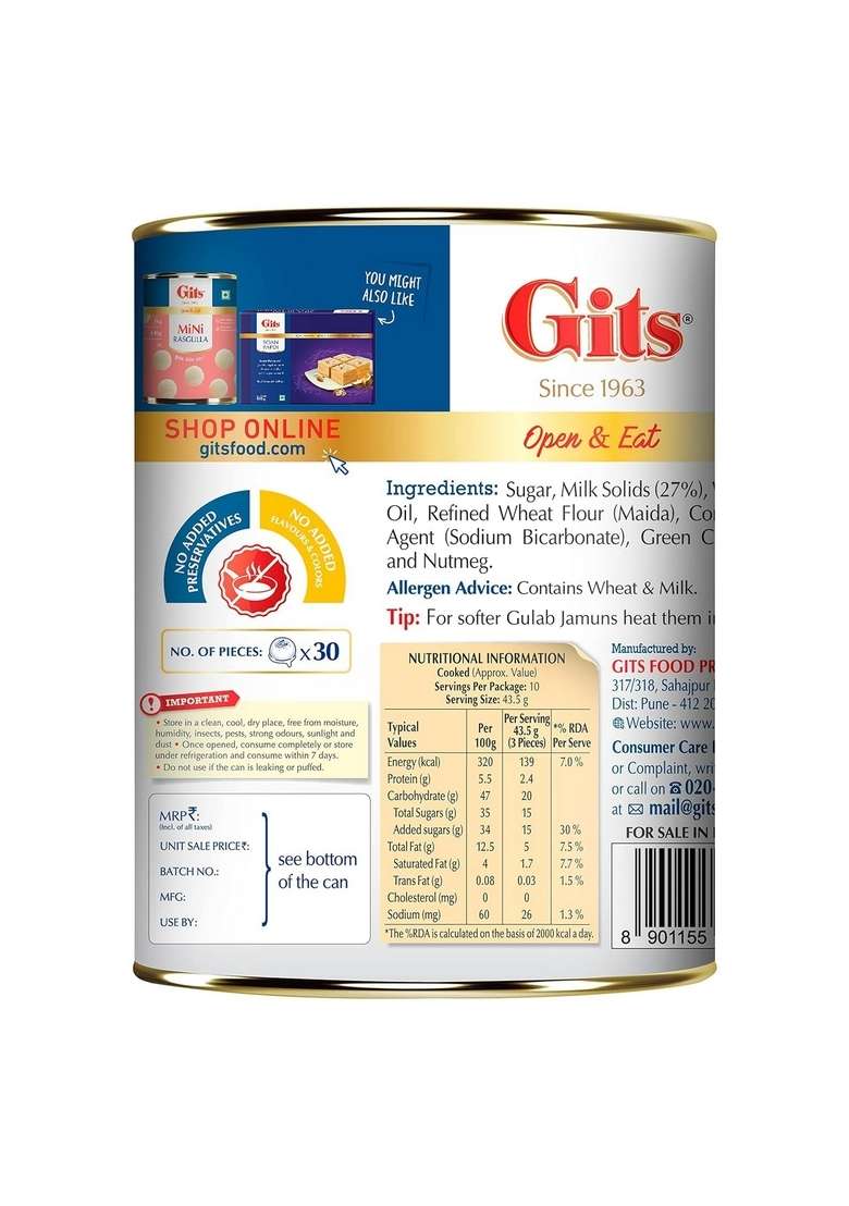 Gits Open & Eat Mini Gulab Jamun, 30 Pieces Per Can, Mouth-Watering Indian Mithai, 1Kg - Indya