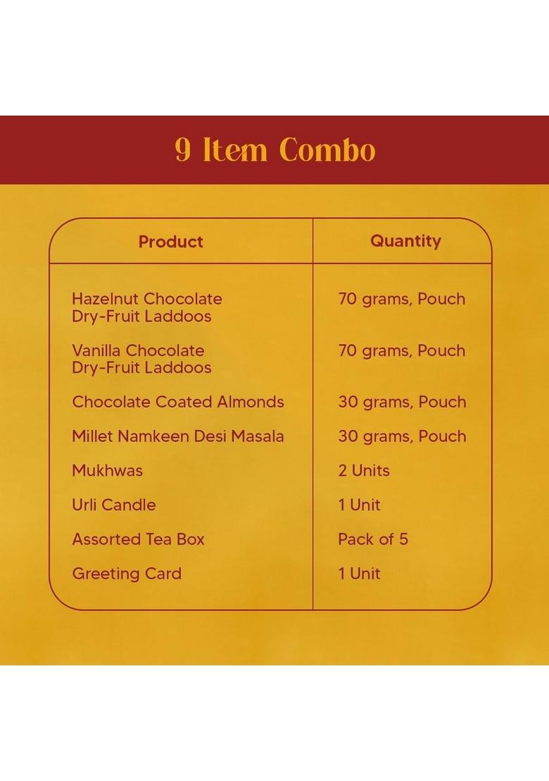 EAT BETTER CO Roshni Diwali Gift Hamper 9-Item Jumbo Lantern Box with Dry-Fruit Laddoos, Millet Namkeen, Chocolate-Coated Nuts, Urli Candle & Mukhwas | Premium for Family, Friends Corporate