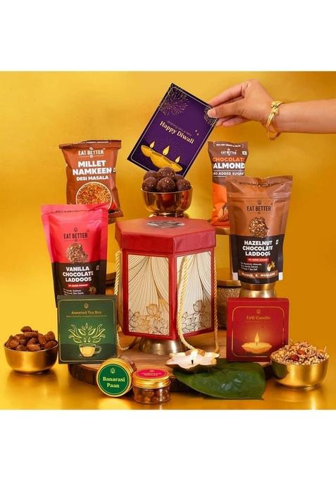 EAT BETTER CO Roshni Diwali Gift Hamper 9-Item Jumbo Lantern Box with Dry-Fruit Laddoos, Millet Namkeen, Chocolate-Coated Nuts, Urli Candle & Mukhwas | Premium for Family, Friends Corporate