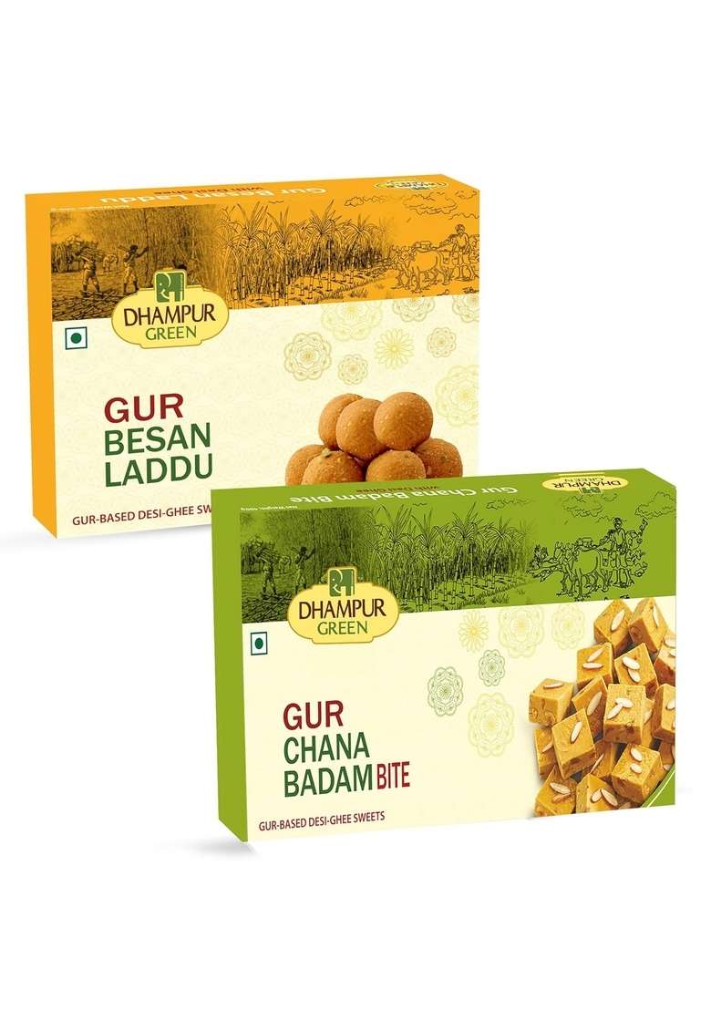 Dhampure Speciality Gur Besan Laddu & Chana Badam Bite, 900G | Indian Sweets Mithaai Jaggery - Indya